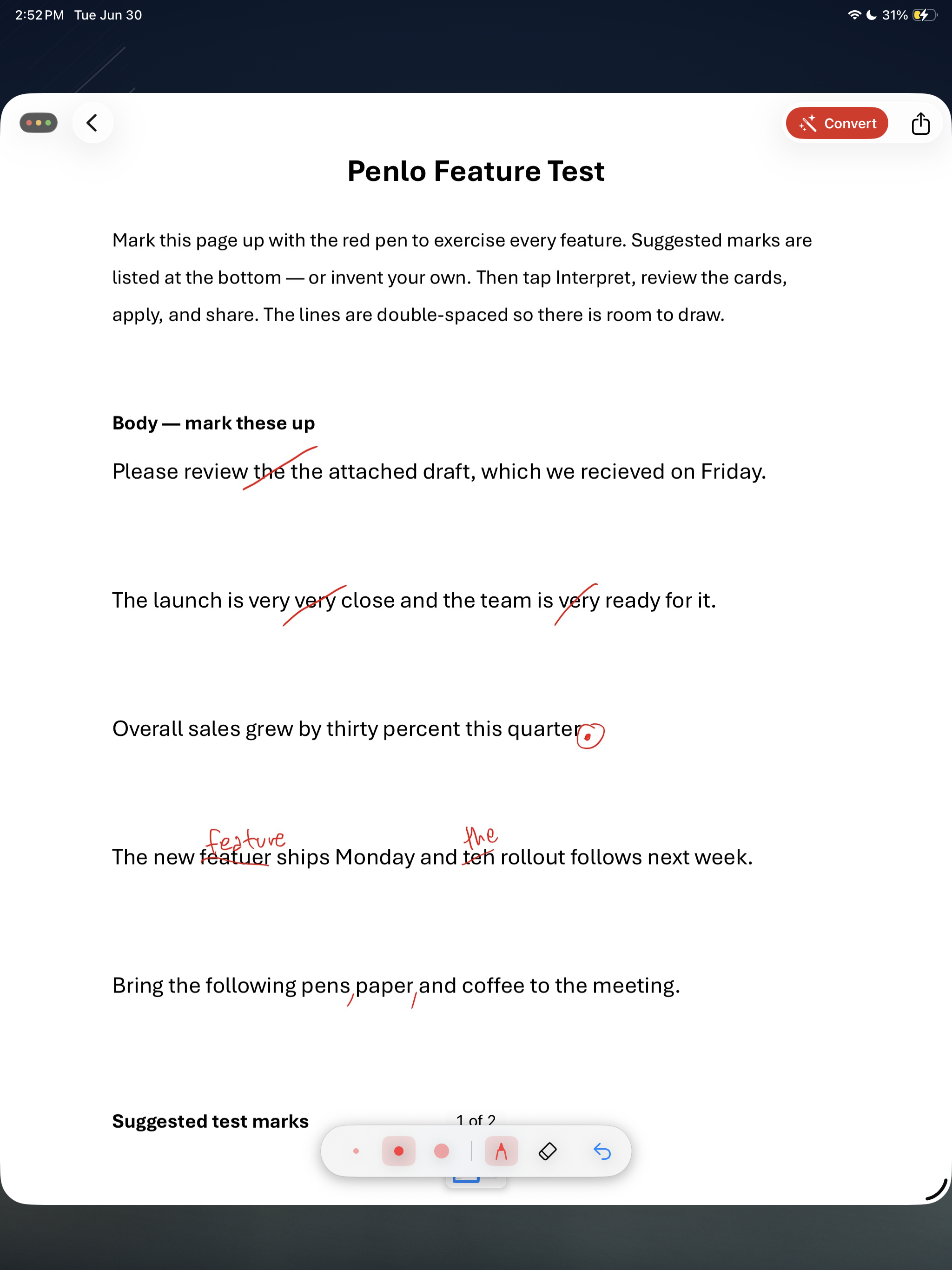 Caret showing a document marked up with red Apple Pencil strokes