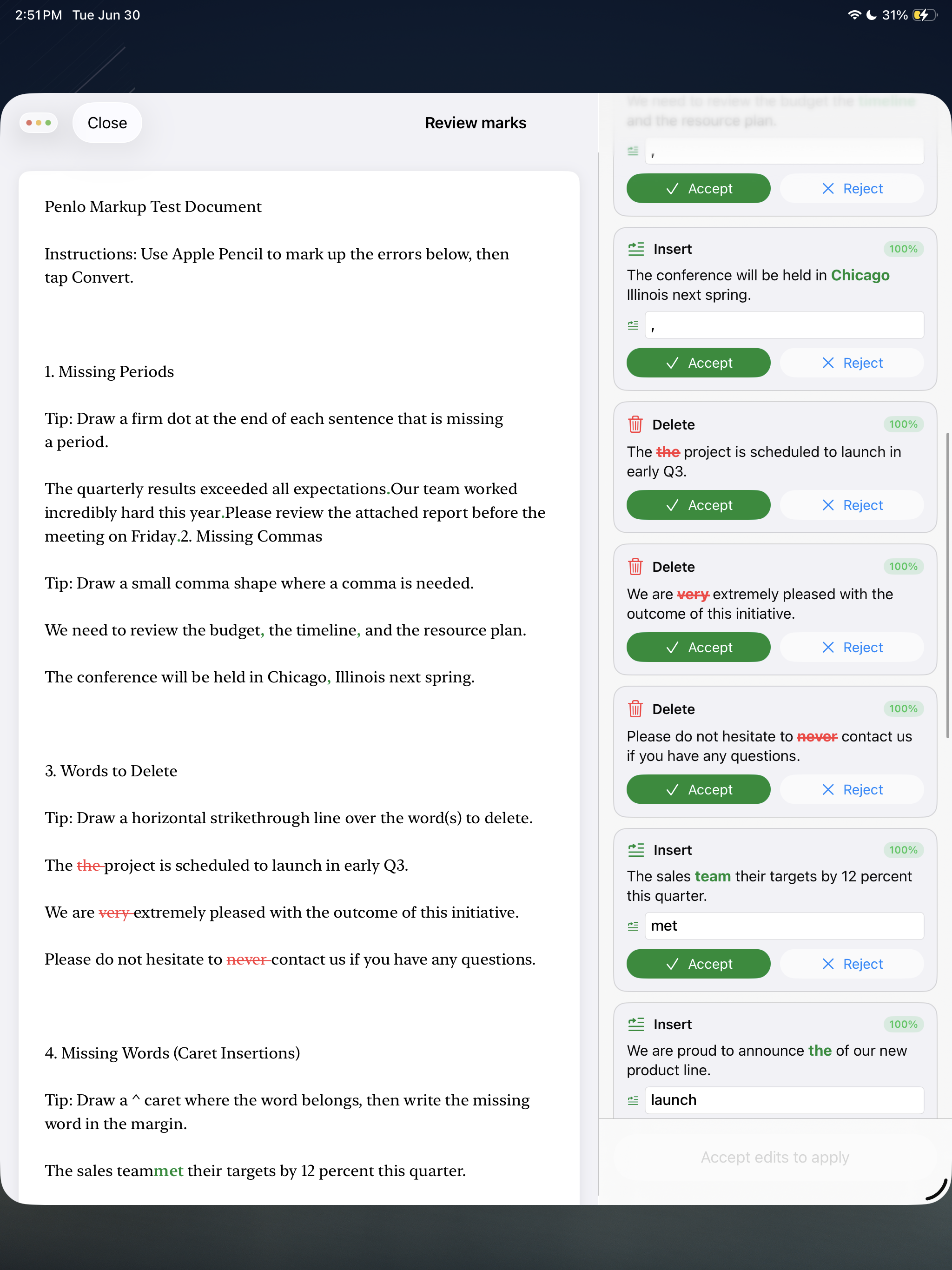 Caret review screen showing Accept and Reject cards